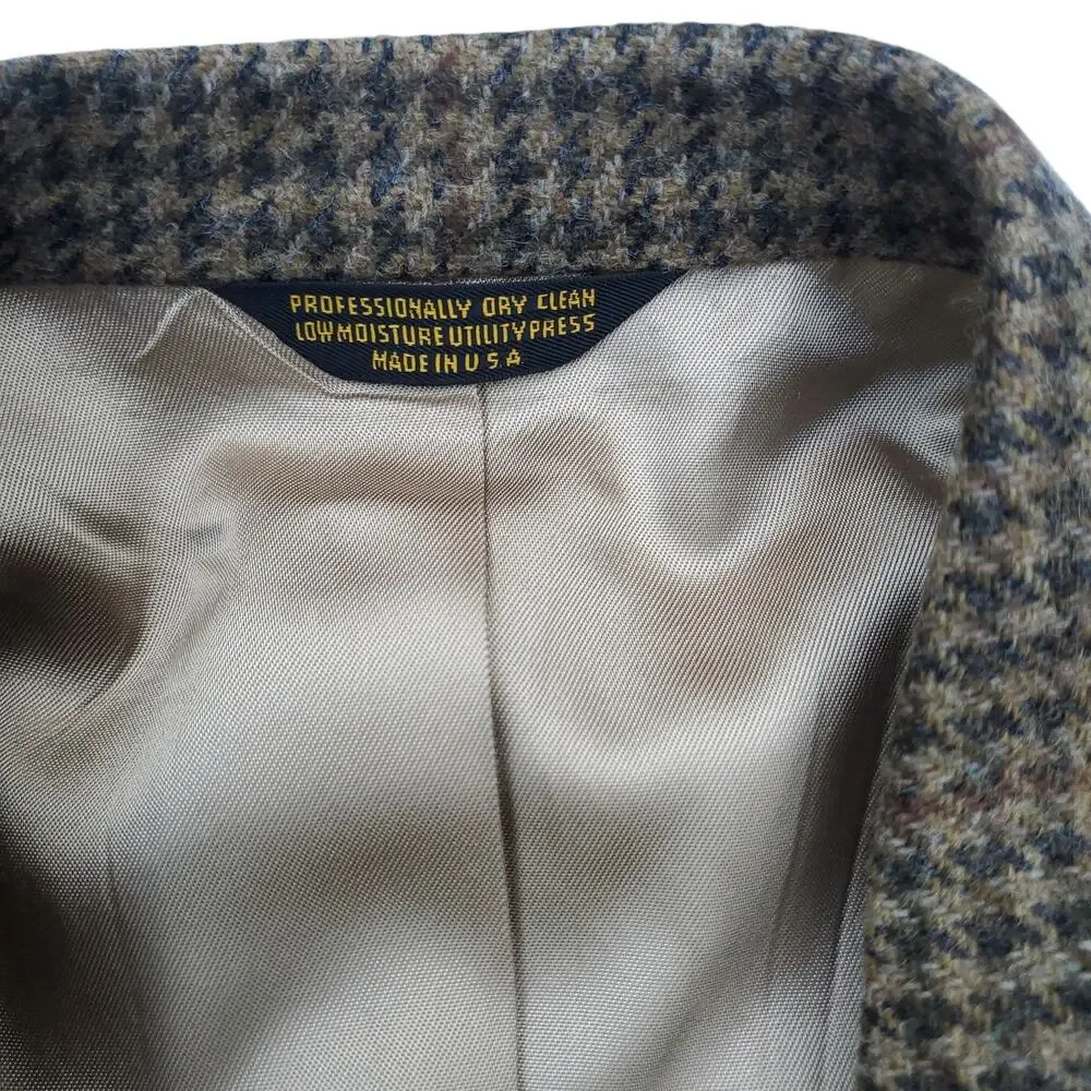 Vintage Ivy Prep Wool Blazer Jacket Sport Coat Brown Tweed Houndstooth 46R
